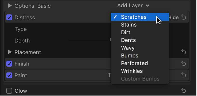 O menu pop‑up Desgaste na seção Material do Inspetor de Texto