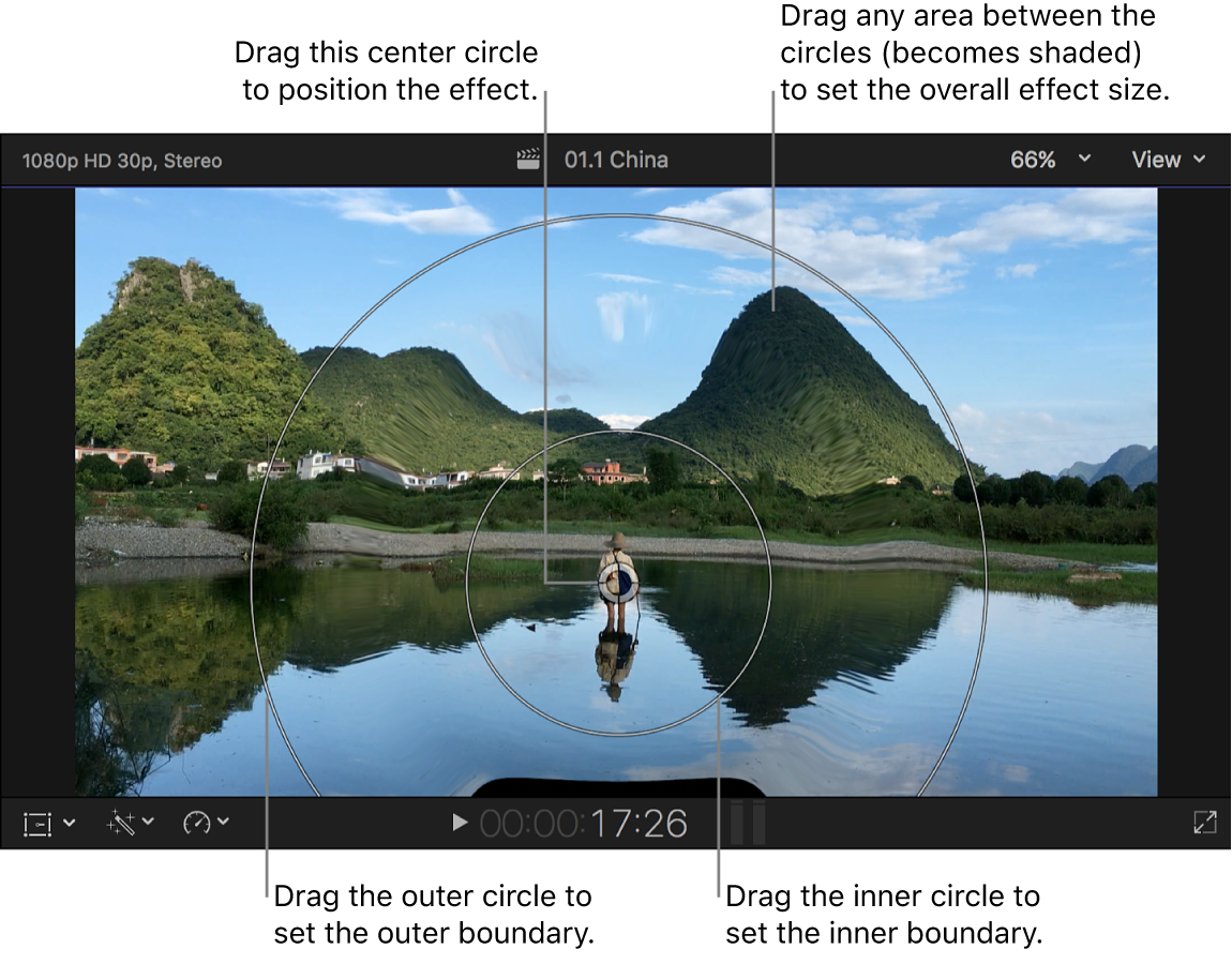 O visualizador mostrando os controles na tela do efeito Gota.