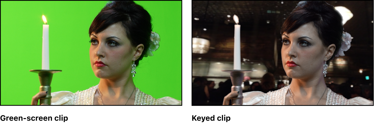 O visualizador mostrando um clipe de tela verde antes e depois de ser sobreposto a uma imagem de fundo