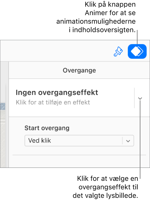 Knappen Animer er valgt på værktøjslinjen, og “Ingen indbygget effekt” vises på lokalmenuen Overgange i indholdsoversigten.
