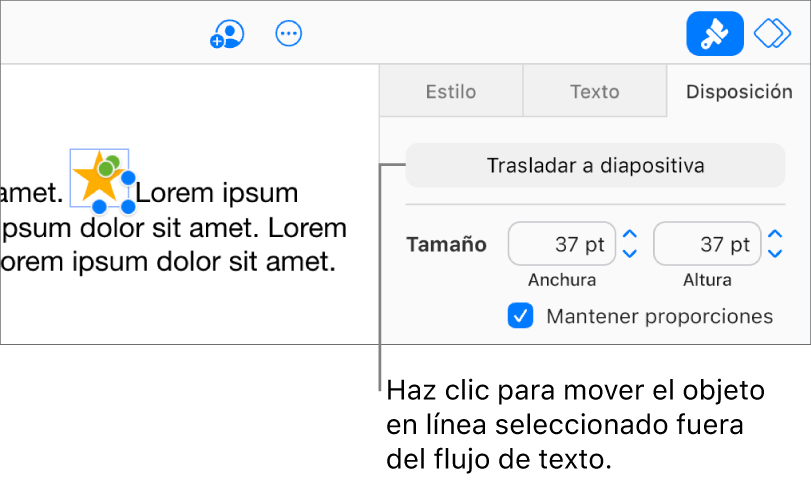 Hay una imagen integrada seleccionada dentro del cuadro de texto y el botón “Trasladar a diapositiva” está visible en la pestaña Disposición de la barra lateral.