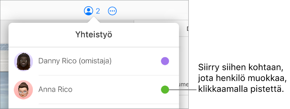 Yhteistyövalikko on avoinna, ja siinä on kaksi osallistujaa ja eriväriset pisteet heidän nimiensä vieressä.