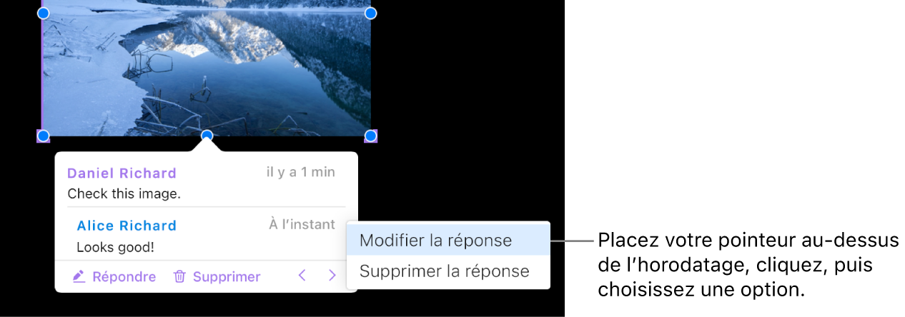 Un commentaire avec une réponse et le pointeur placé sur l’horodatage de la réponse. Un menu local propose deux options : Modifier la réponse et Supprimer la réponse.