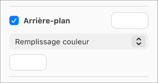La case Arrière-plan est cochée dans la barre latérale et le cadre de couleur prédéfini sur la droite de la case est rempli en blanc. Sous cette case, l’option « Remplissage couleur » est sélectionnée dans le menu local et au-dessous, le cadre de couleur personnalisé est rempli en blanc.