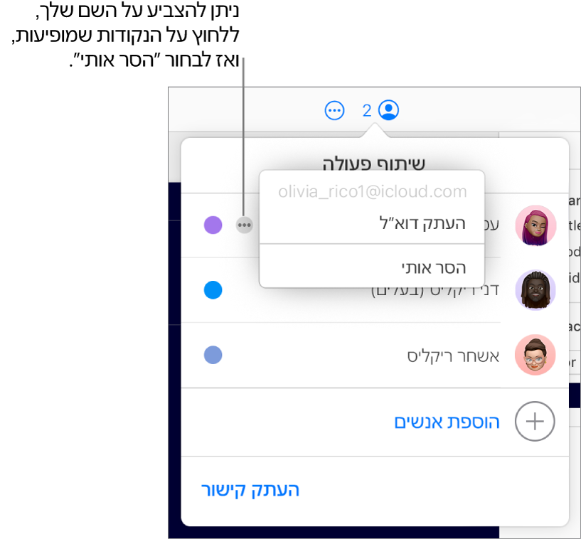 התפריט ״שיתוף פעולה״ פתוח, עם הכפתור ״עוד״ לצד המשתתף הראשון שמסומן והאפשרות ״הסר אותי״ זמינה לבחירה.