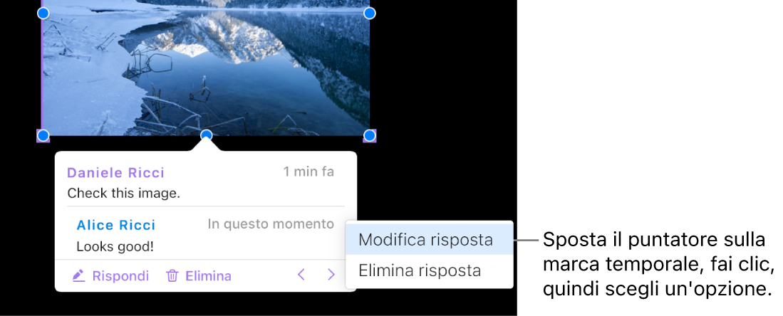 Un commento con risposta e il puntatore posizionato sull’indicazione dell’ora dell’ultimo aggiornamento della risposta; il menu a comparsa mostra due opzioni: Modifica risposta ed Elimina risposta.