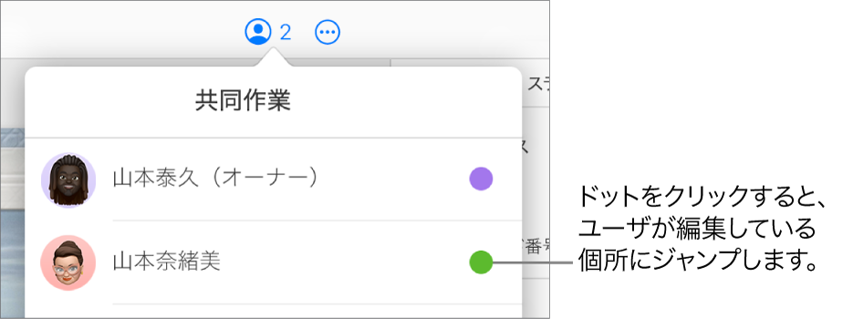 「共同作業」メニューが開き、2人の参加者と、それぞれの名前の右側に別の色のドットが表示されている。