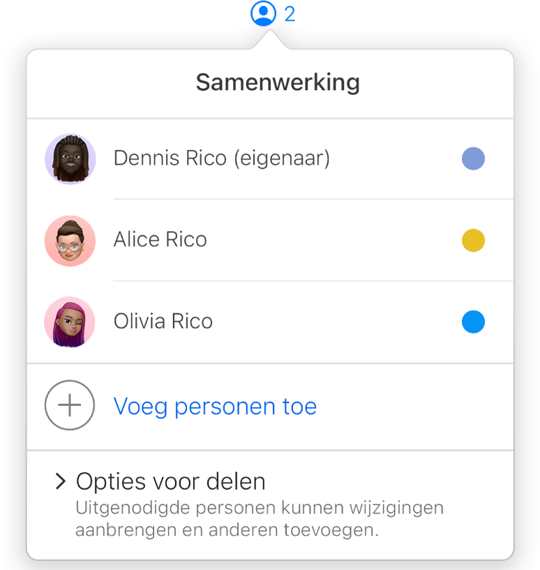 Het menu 'Samenwerking' met daarin de namen van mensen die samen aan de presentatie werken. Onder de namen staan de opties voor delen.