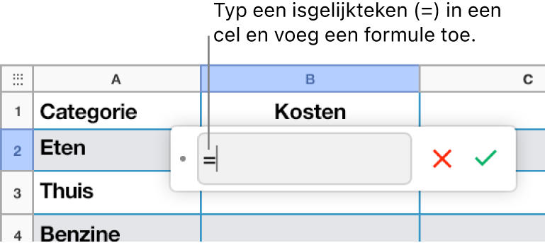 De formule-editor met = en zonder ingevoerde formule.