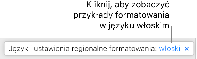 Komunikat o treści „Język i ustawienia regionalne formatowania: Włoski”.