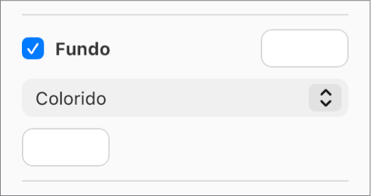 A caixa de seleção Plano de fundo está marcada barra lateral, e o seletor de cores predefinidas à direita da caixa de seleção está preenchido com a cor branca. Abaixo da caixa de seleção, Preenchimento de cor está selecionado em um menu pop-up e, abaixo dele, o seletor de cores personalizadas está preenchido com a cor branca.