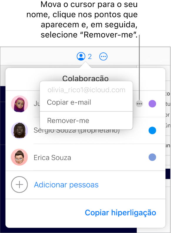 O menu Colaboração abre-se, com o botão “Mais” à direita do primeiro participante clicado e a opção "Remover-me” disponível.