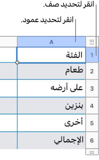 صف جدول محدد يتضمن وسائل شرح لتحديدات الصف والعمود.
