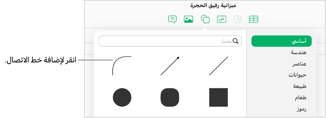 تكون مكتبة الأشكال مفتوحة، مع تحديد "أساسي" على الجانب الأيمن وعدد من الخطوط والأشكال، بما في ذلك الخط المنحني، مرئيين على الجانب الأيسر.