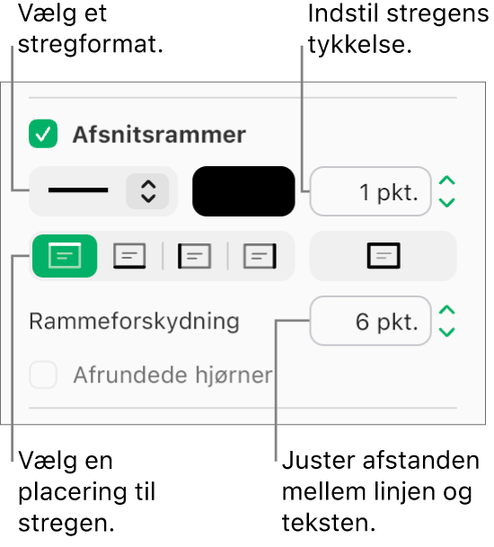 Afkrydsningsfeltet Afsnitsrammer er valgt på fanen Layout i indholdsoversigten Format, og betjeningsmulighederne til ændring af stregformat, farve, tykkelse, position og forskydning i forhold til teksten vises under afkrydsningsfeltet.