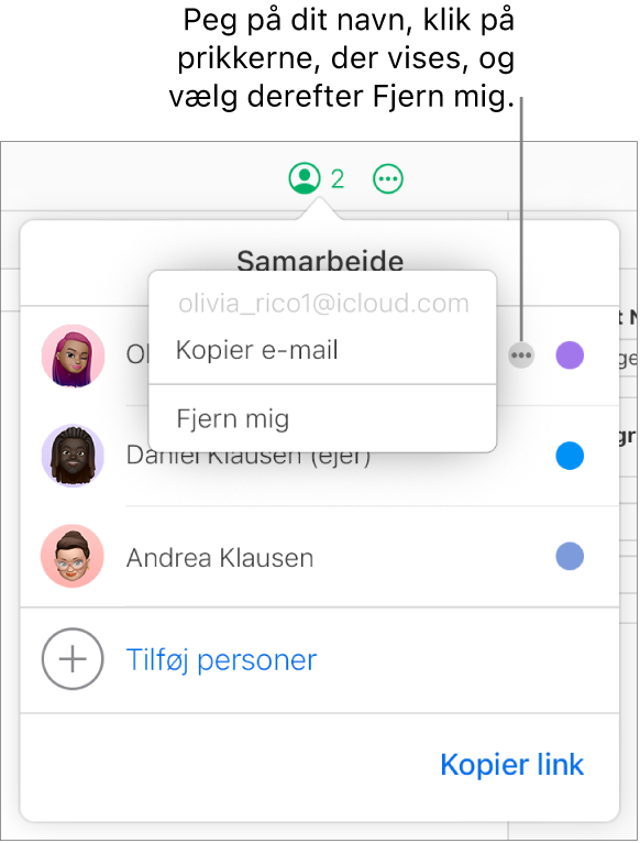 Menuen Samarbejde er åben med knappen Mere til højre for den første deltager, der klikkes på, og muligheden Fjern mig.