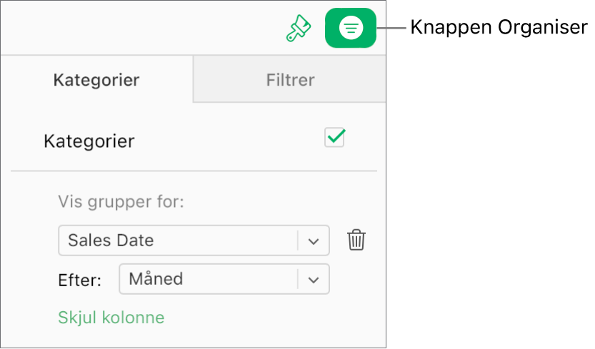 Knappen Organiser er valgt på værktøjslinjen, og de regler, der beskriver en kategori, vises på fanen Kategorier i indholdsoversigten for organisering. Data organiseres aktuelt efter salgsdata og grupperes derefter efter måned.