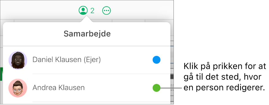 Menuen Samarbejde er åben med to deltagere og en prik i hver sin farve til højre for hvert navn.