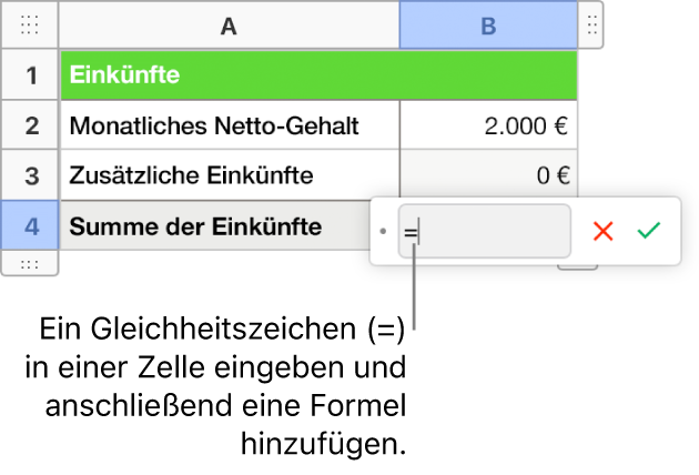 Der Formeleditor ist mit „=“ geöffnet und es ist keine Formel eingegeben.