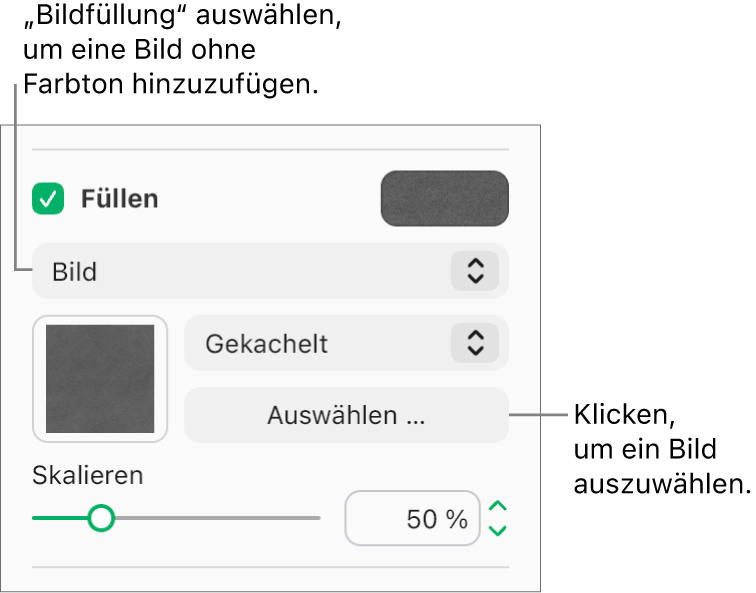 Das Markierungsfeld „Füllen“ ist aktiviert und „Bild“ ist im Einblendmenü unterhalb des Markierungsfelds ausgewählt. Steuerelemente zur Auswahl des Bildes, dazu, wie das Objekt gefüllt wird, sowie zum Skalieren des Bildes erscheinen unterhalb des Einblendmenüs. Eine Vorschau der Bildfüllung ist in dem Quadrat zu sehen (nachdem ein Bild ausgewählt wurde).