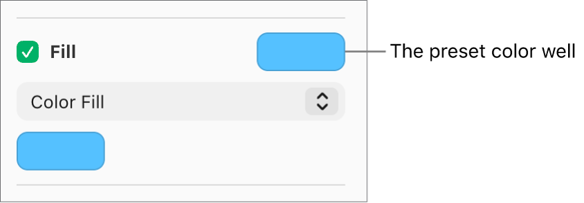 The Fill checkbox is selected in the sidebar, and the preset color well to the right of the checkbox is filled with purple. Below the checkbox, Color Fill is chosen in a pop-up menu.