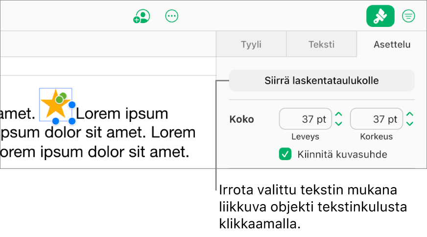 Tekstiin sidottu kuva on valittuna tekstilaatikossa. Sivupalkin Asettelu-välilehdessä näkyy Siirrä laskentataulukkoon -painike.