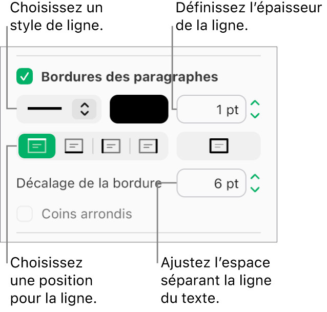 La case « Bordures des paragraphes » est cochée dans l’onglet Disposition de la barre latérale Format, et les commandes permettant de modifier le style de ligne, la couleur, l’épaisseur, la position et le décalage par rapport au texte apparaissent sous la case à cocher.
