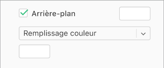 La case Arrière-plan est cochée dans la barre latérale et le cadre de couleur prédéfini sur la droite de la case est rempli en blanc. Sous cette case, l’option « Remplissage couleur » est sélectionnée dans le menu local et au-dessous, le cadre de couleur personnalisé est rempli en blanc.
