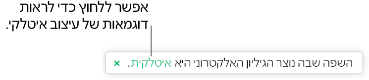 הודעה שבה כתוב ״השפה שבה נוצר הגיליון האלקטרוני היא איטלקית״.