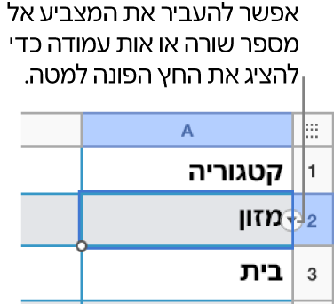 מספר השורה בטבלה נבחר ומופיע חץ למטה מצידו הימני.