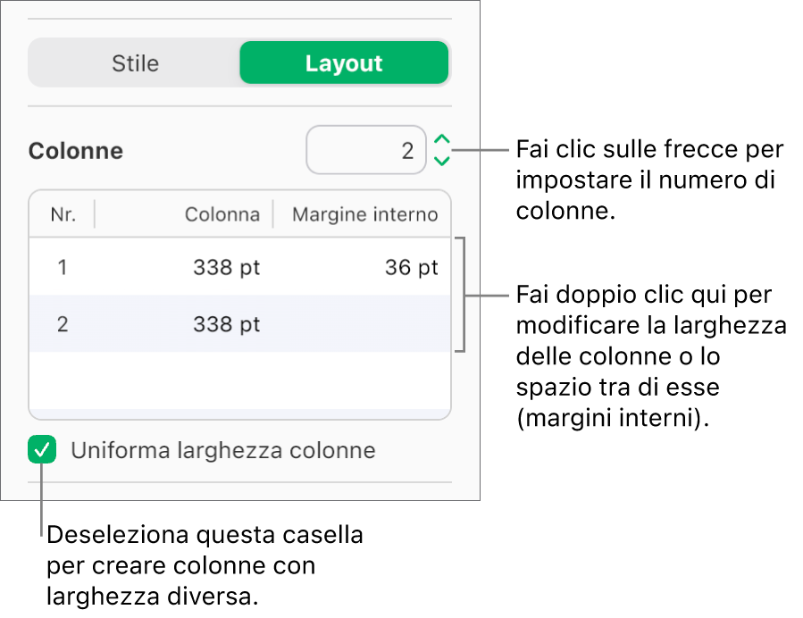 I controlli della colonna di testo nel pannello Layout della barra laterale Layout.