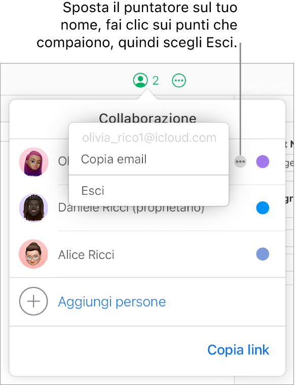 Il menu Collaborazione aperto, con il pulsante Altro a destra del primo partecipante su cui hai fatto clic, e un’opzione Rimuovimi disponibile.