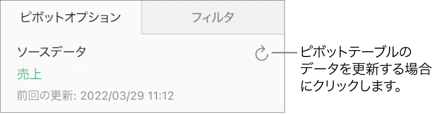 右上に「更新」ボタンが表示されている「ピボットオプション」タブ。