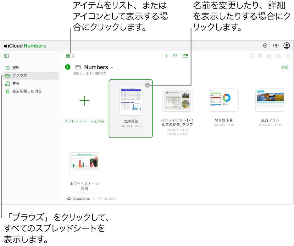 ブラウズビューの書類マネージャ。Numbers書類がグリッド内にアイコンとして表示されています。選択したスプレッドシートの右上隅に「詳細」ボタン(3つのドット)が表示されます。スプレッドシートの上には、ツールバーの左側に項目をアイコンとして表示するかリストで表示するかを選択できるポップアップメニューがあります。ツールバーの右側には、ダウンロード、共同作業、メール送信、または削除のためのボタンがあります。