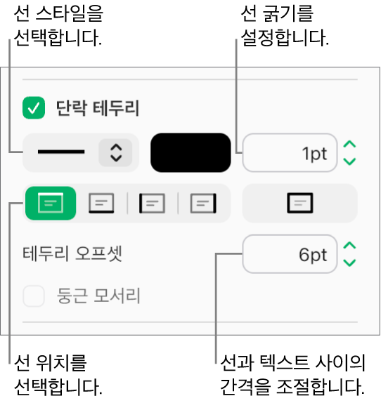 포맷 사이드바의 레이아웃 탭에서 단락 테두리 체크상자가 선택되어 있으며 체크상자 아래에 텍스트의 선 스타일, 색상, 두께, 위치 및 오프셋을 변경할 수 있는 제어기가 나타납니다.