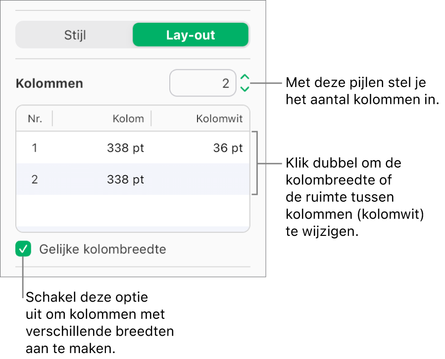 De tekstkolomregelaars in het venster 'Lay-out' van de navigatiekolom 'Opmaak'.