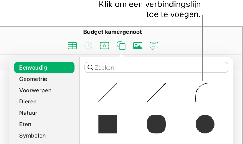 De vormenbibliotheek staat open, met 'Eenvoudig' aan de linkerkant geselecteerd en een aantal lijnen en vormen, waaronder een gebogen lijn, aan de rechterkant.