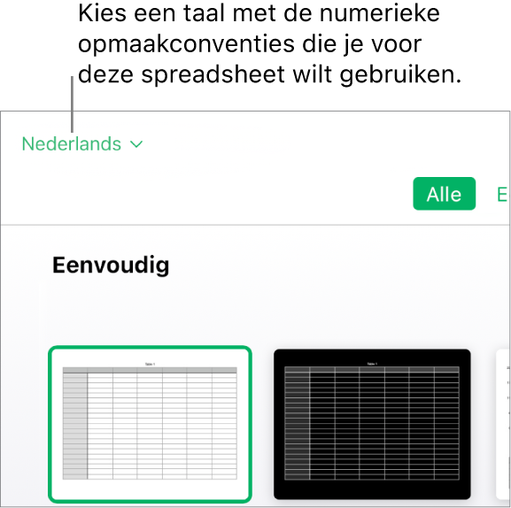 Het pop‑upmenu linksboven in de sjabloonkiezer waarin 'Engels (Verenigde Staten)' is geselecteerd.