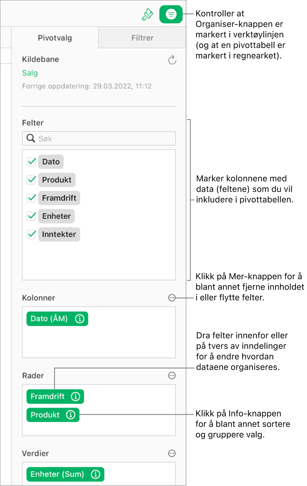 Pivotvalg-fanen i Organiser-sidepanelet, hvor det vises felter i delene Kolonner, Rader og Verdier samt Info- og Mer-knapper for å redigere feltene og oppdatere pivottabellen.