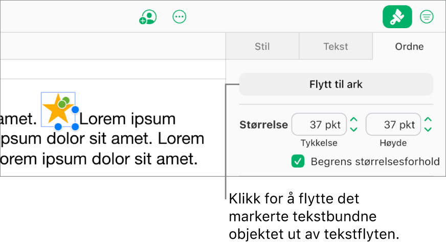 Et tekstbundet bilde i en tekstrute er markert, og Flytt til regneark-knappen vises på Ordne-fanen i sidepanelet.