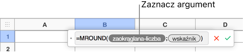 Edytor formuł z wprowadzoną formułą SUMA z opisem tokena argumentu wartości.