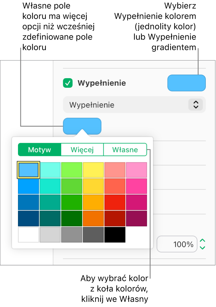W menu podręcznym pod polem wyboru Wypełnienie jest wybrana opcja Wypełnienie kolorem, a pod menu podręcznym widoczne jest pole koloru z dodatkowymi opcjami wypełniania kolorem.