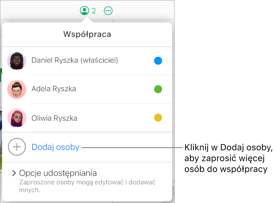 Zostanie otwarte menu Współpraca z opcją Dodaj osoby pod listą uczestników.