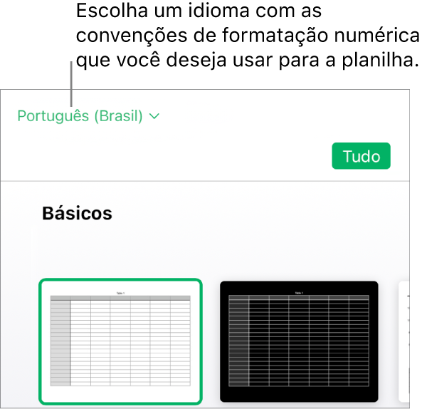 O menu pop-up na lateral superior esquerda do seletor de modelos com inglês (Estados Unidos) selecionado.