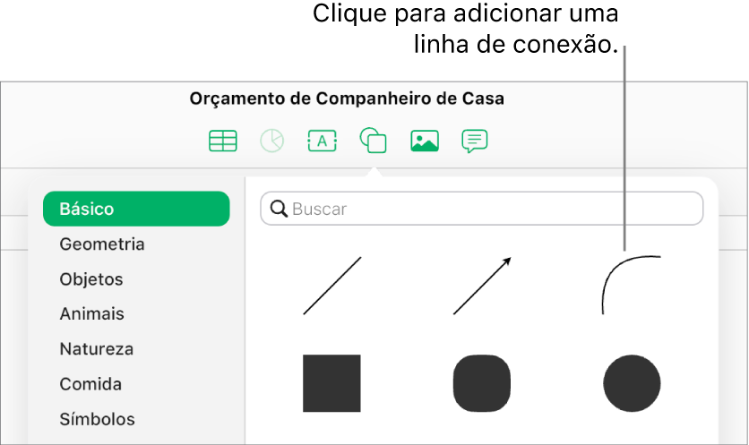 A biblioteca de formas está aberta, com Básico selecionado à esquerda e um número de linhas e formas, incluindo uma linha curva, visível à direita.