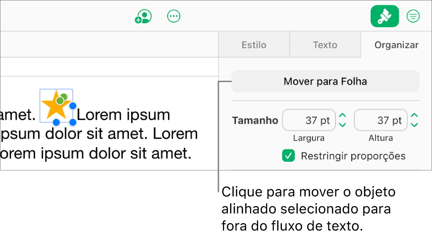 Uma imagem alinhada dentro de uma caixa de texto está selecionada e o botão “Mover para a Folha” está visível na aba Organizar na barra lateral.
