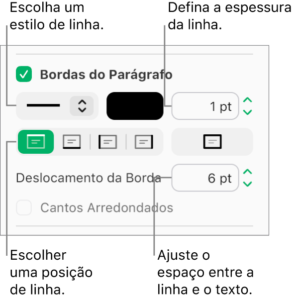 A caixa de seleção Bordas do Parágrafo está selecionada na aba Layout da barra lateral Formatar e os controles para alterar o estilo, a cor, a espessura, a posição e o deslocamento do texto são mostrados abaixo da caixa de seleção.