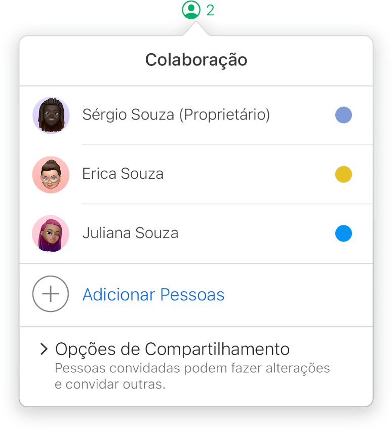 Menu Colaboração mostrando os nomes das pessoas que estão colaborando na planilha. As opções de compartilhamento se encontram abaixo dos nomes.