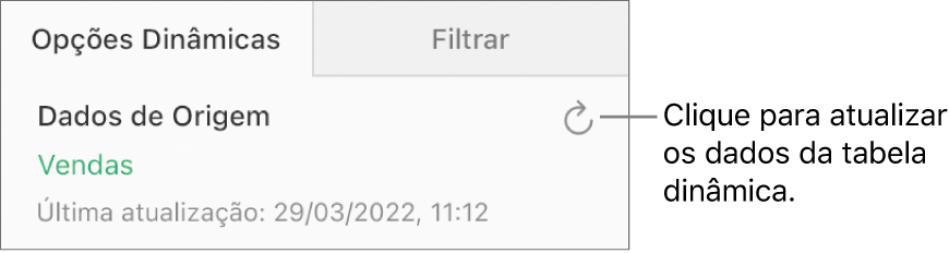 Aba Opções Dinâmicas mostrando o botão Atualizar no canto superior direito.
