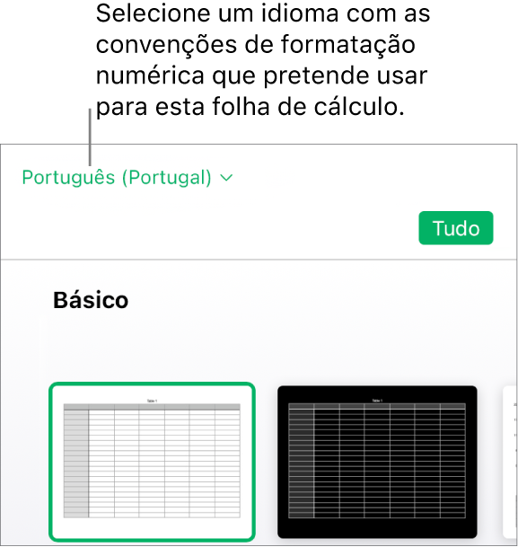 O menu pop-up no canto superior esquerdo da lista de modelos com inglês (Estados Unidos) selecionado.